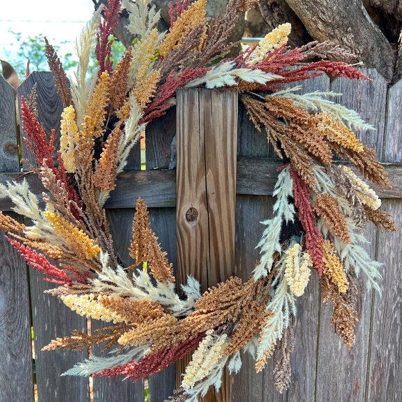 14” Fall Faux Wheat Wreath – Rustic Autumn Pampas Style Door Decor Dried look - Picture 1 of 8